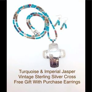 Large Vintage Sterling Navajo Style Cross Necklace on Turquoise Beaded Chain